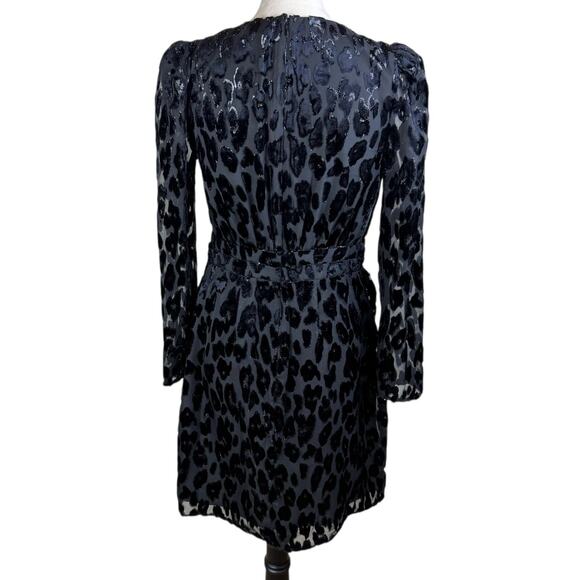 Express NWT S Black Leopard Print Ruffle Long Puff Sleeve Sparkle Mini Dress - Picture 2 of 12